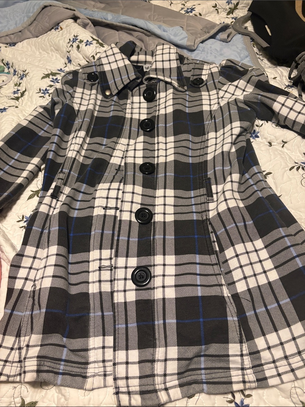 Self Esteem Black, White & Gray Plaid Pea Coat with Blue Windowpane